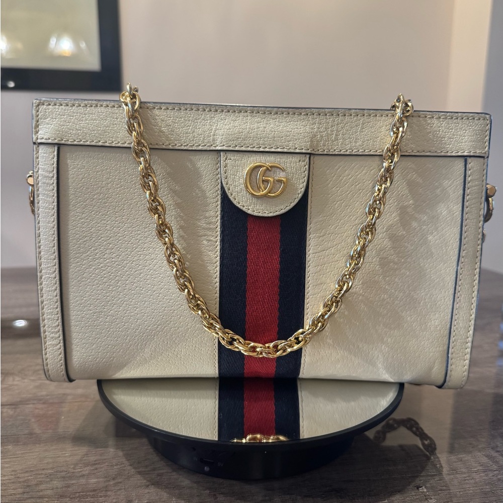 Authentic Gucci Ophidia Shoulder/Clutch Bag with Gold Chain and Web Stripe